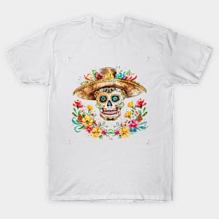 Skull wear cowboy hat Cinco de mayo colorful watercolor T-Shirt